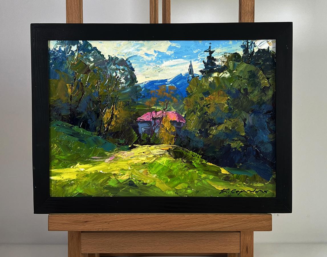 Oil painting The House with the Pink Roof by Boris Serdyuk in black frame