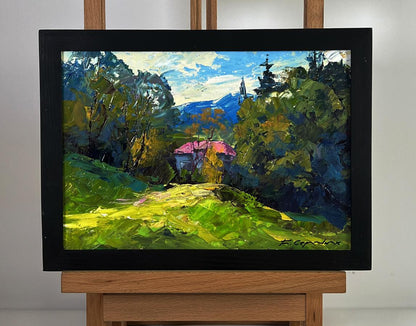 Oil painting The House with the Pink Roof by Boris Serdyuk in black frame