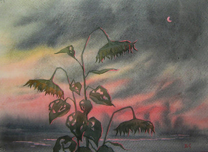 Watercolor sunflower at sunset by Valery Savenets, wilted blooms and crescent moon