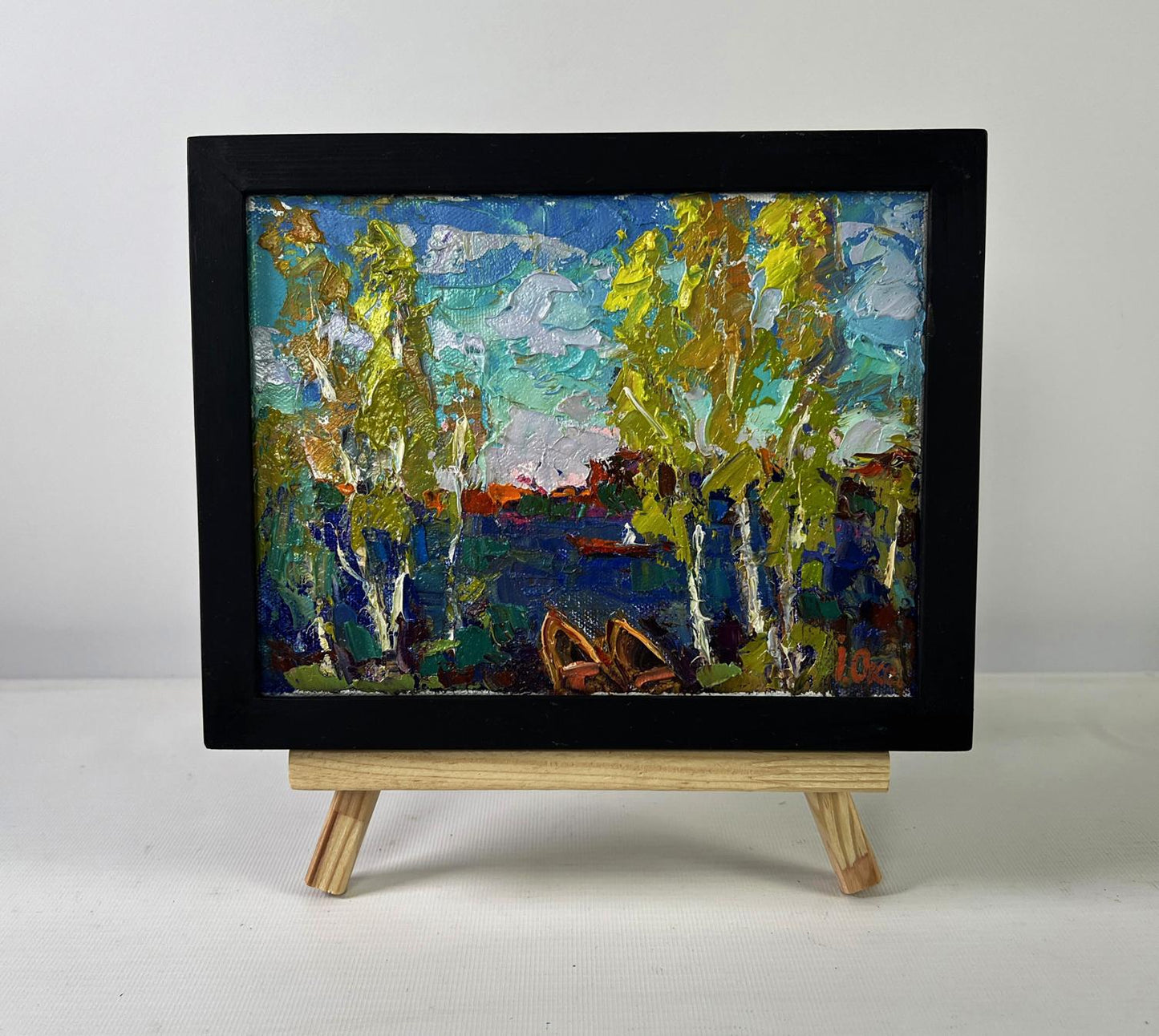 Oil painting The first leaves reflected in the water by Oksana Ivanyuk in black frame