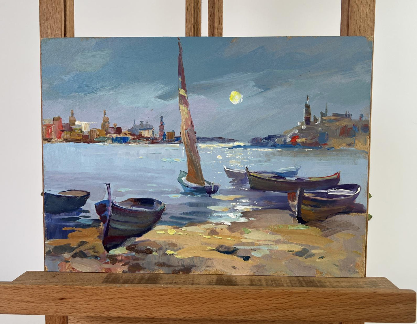 Serene moonlit harbor oil painting by Yuriy Suprunchuk