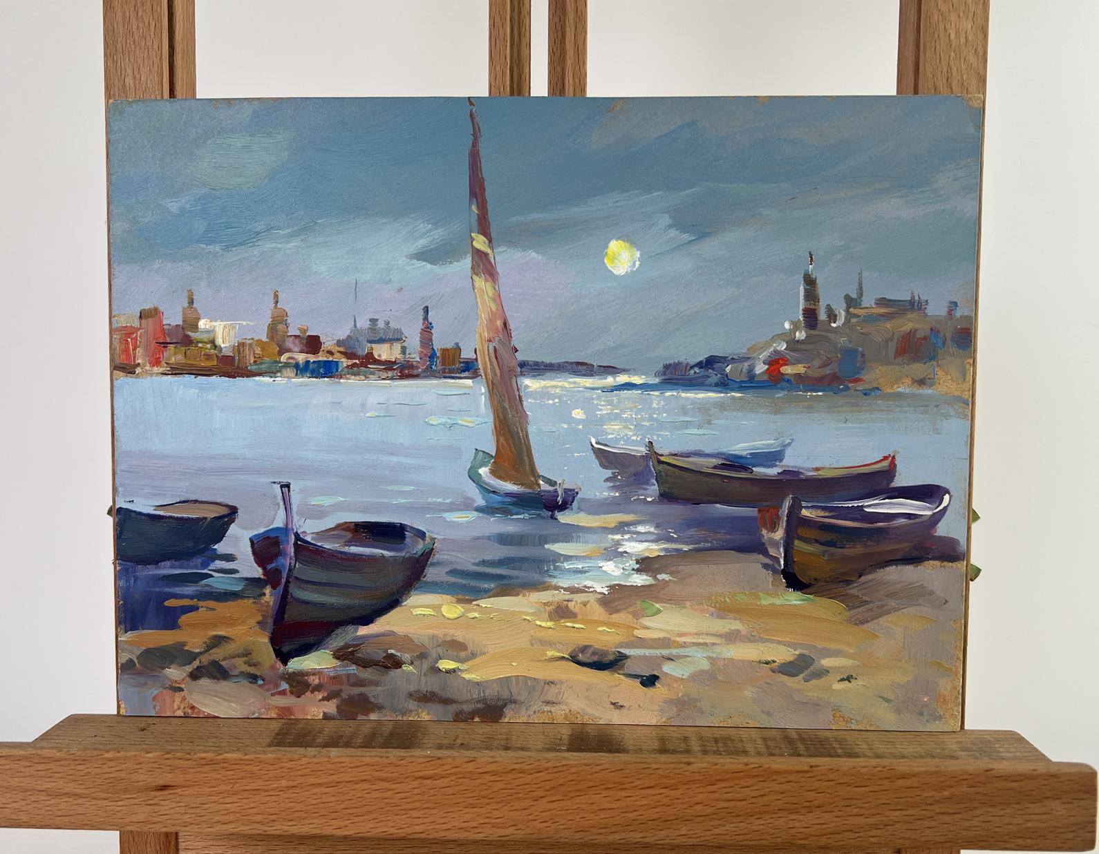 Serene moonlit harbor oil painting by Yuriy Suprunchuk