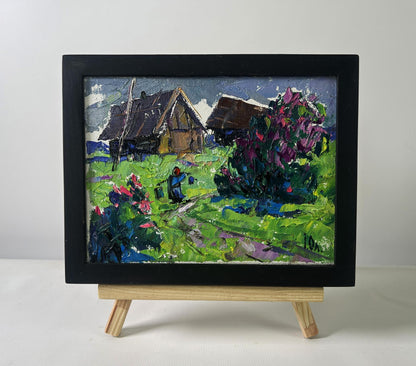 Vibrant impressionist oil painting by Oleksiy Ivanyuk: cool evening rural scene in black frame