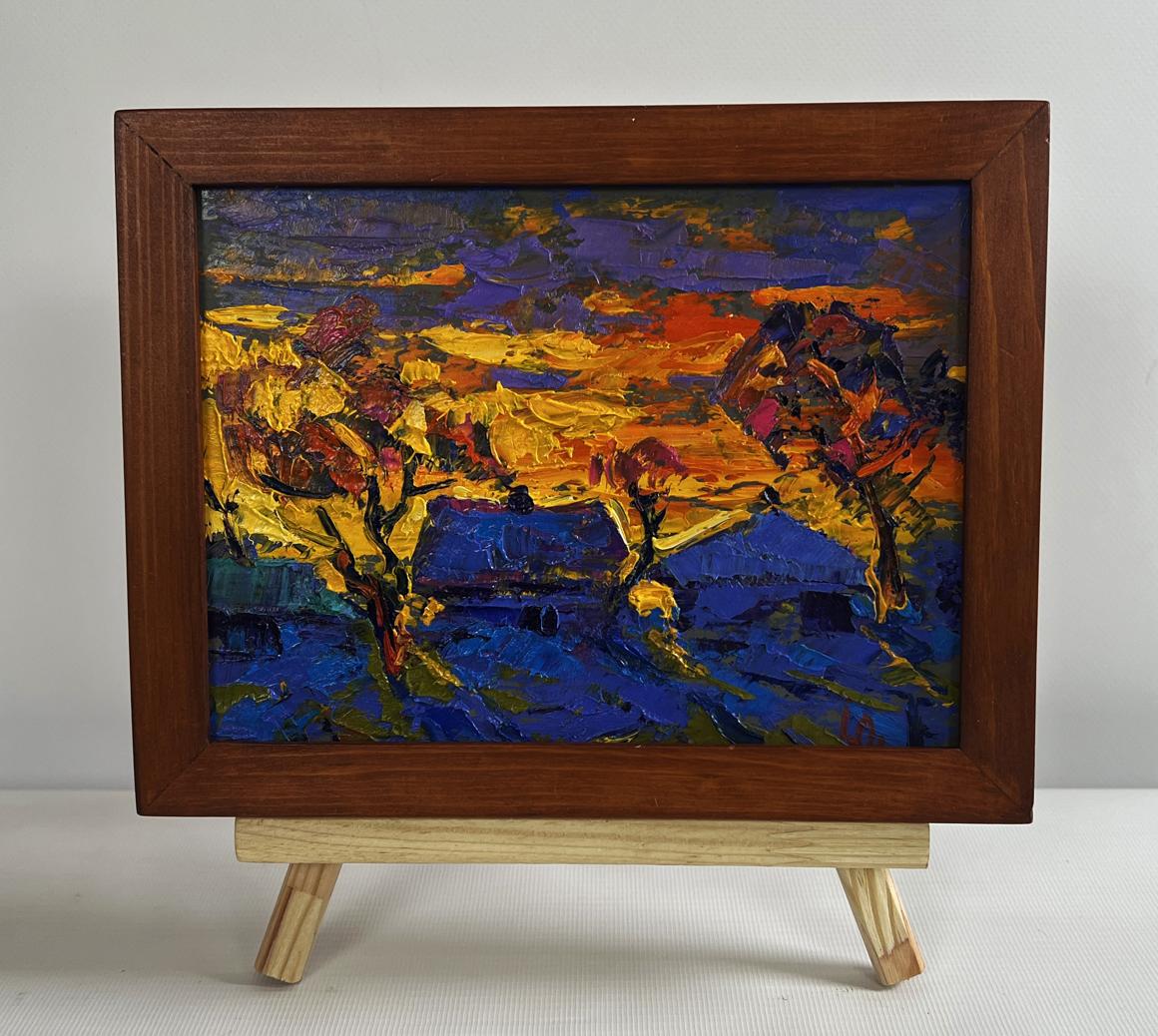Oil painting A blazing evening in the village by Oleksiy Ivanyuk in wooden frame