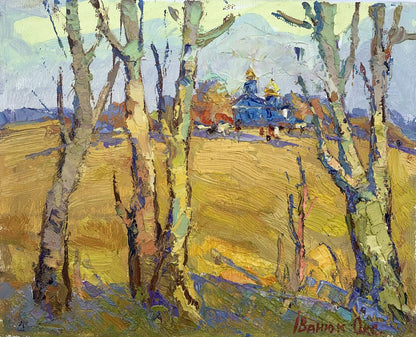 Vibrant impressionist oil painting The Sound of Autumn Bells by Oksana Ivanyuk with birch trees and golden-domed church