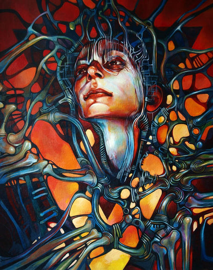 Surreal oil painting of woman with glowing orange blue biomechanical face by Shiva Konsta G. Amelinn