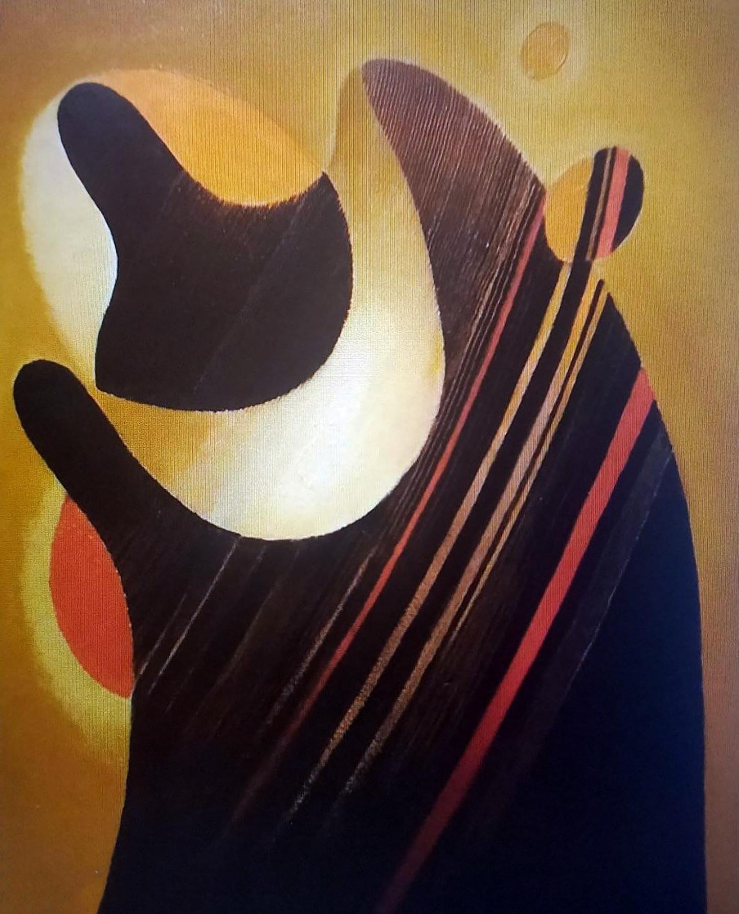 Oil painting Backlit by Alexander Strashevich: bold black, white, orange shapes on textured golden-yellow background