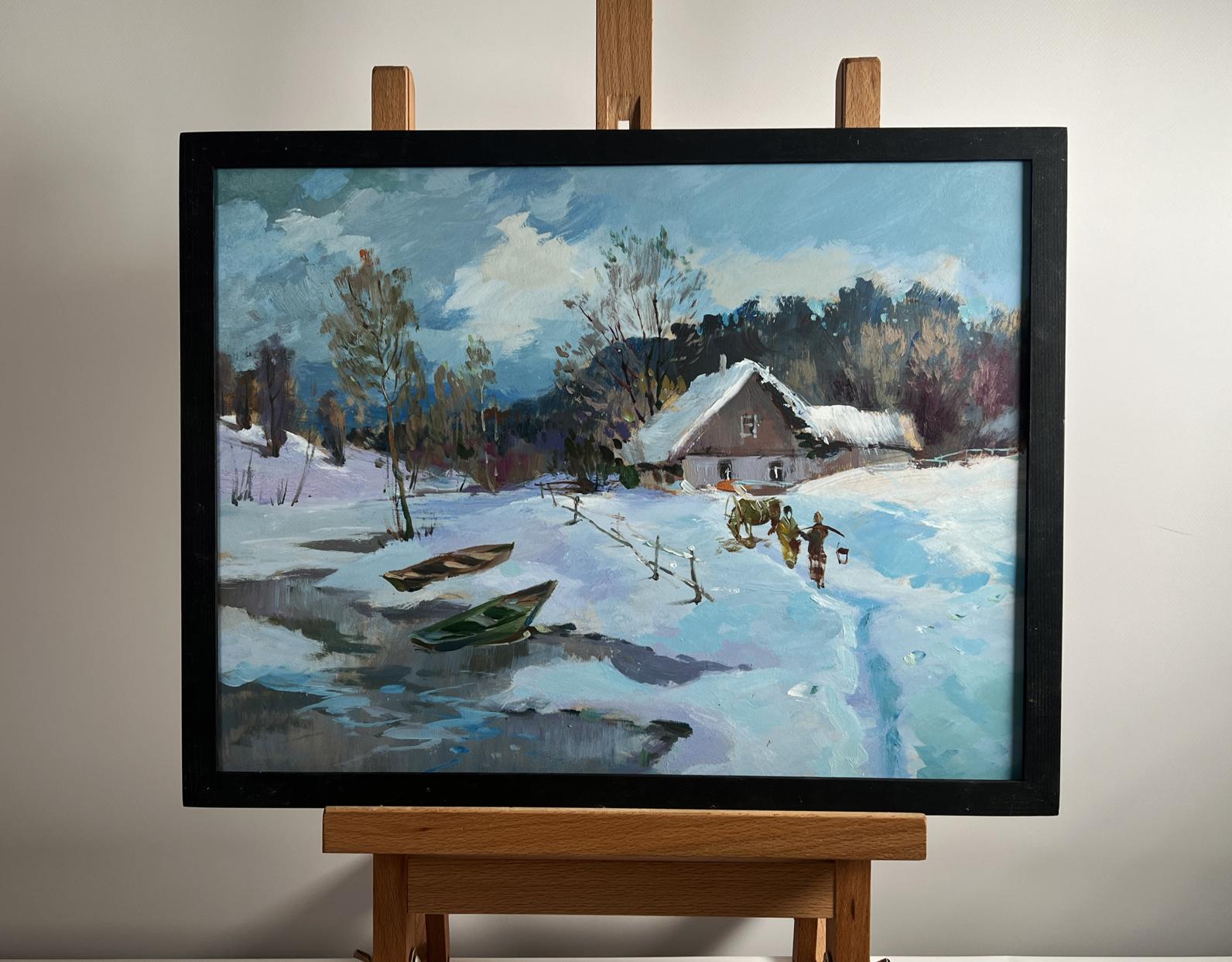 Oil painting Path through snowdrifts by Yuriy Suprunchuk in black frame