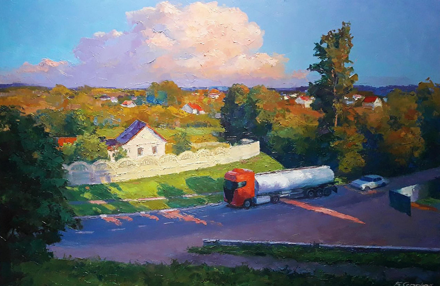 Red cab tanker truck with silver trailer driving on evening city road by Boris Serdyuk