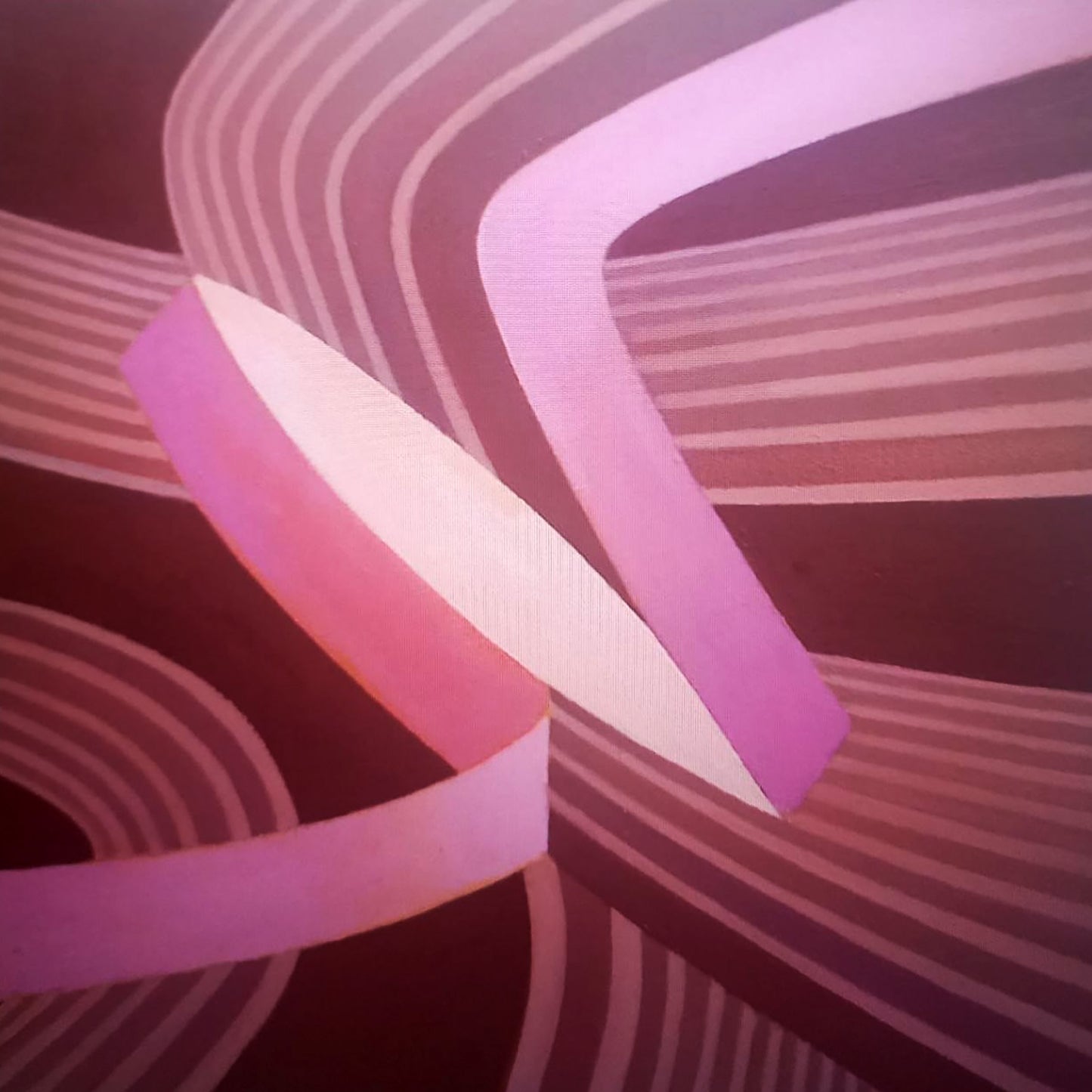 Oil painting Pink ribbon by Alexander Strashevich, pink white ribbons on maroon