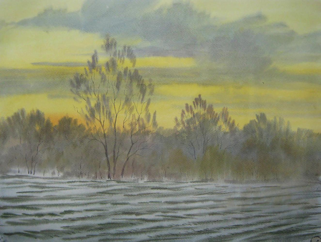 Watercolor painting of snowy field at dusk by Valery Savenets