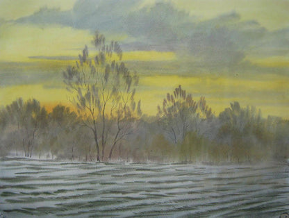 Watercolor painting of snowy field at dusk by Valery Savenets
