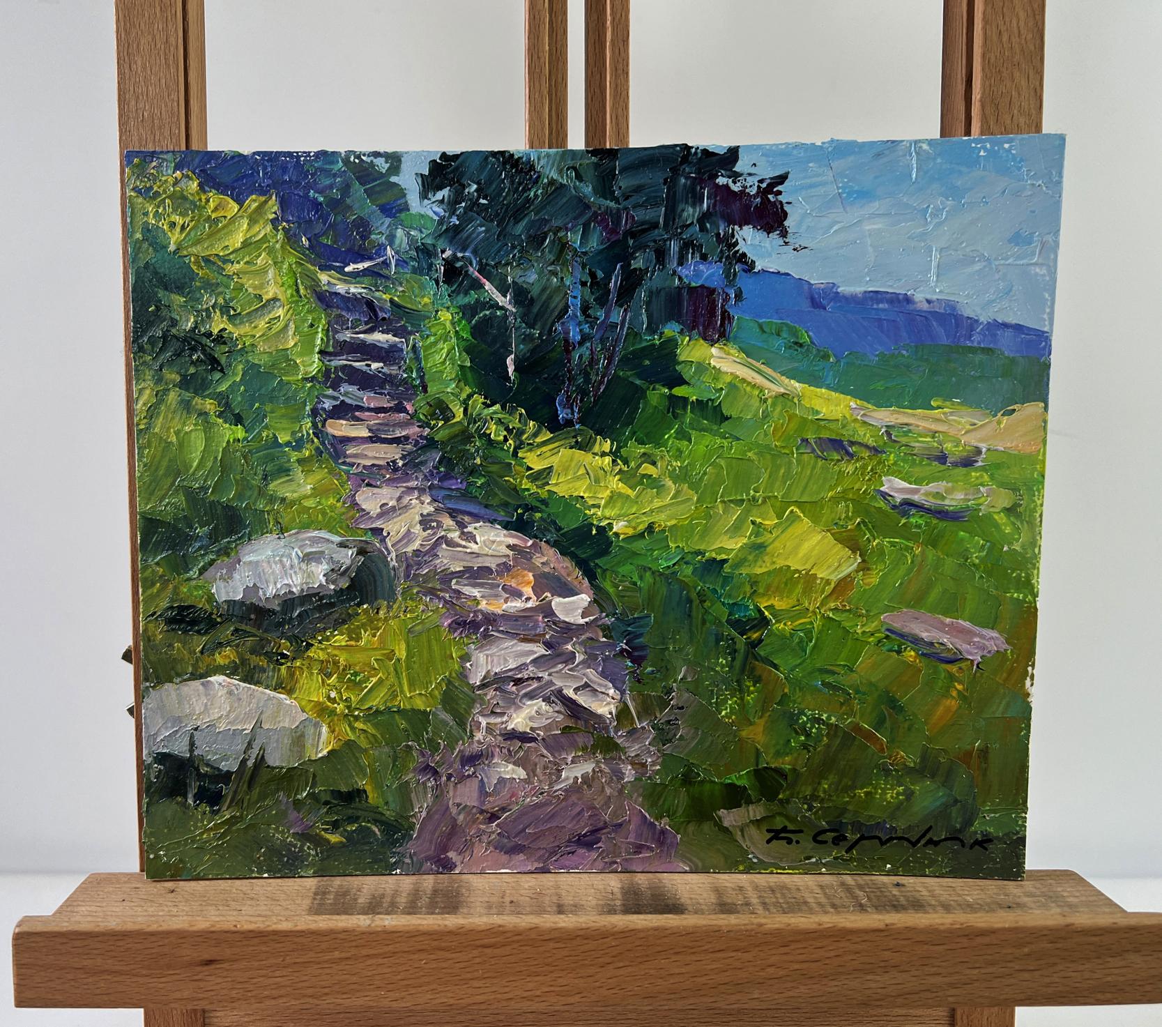 Vibrant impressionist oil painting of stone road to mountains by Boris Serdyuk