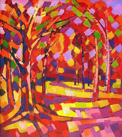 Vibrant abstract autumn forest oil painting by Peter Dobrev