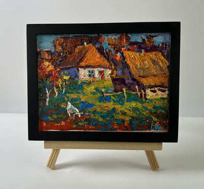 Oil painting The sun over the village by Oksana Ivanyuk in black frame