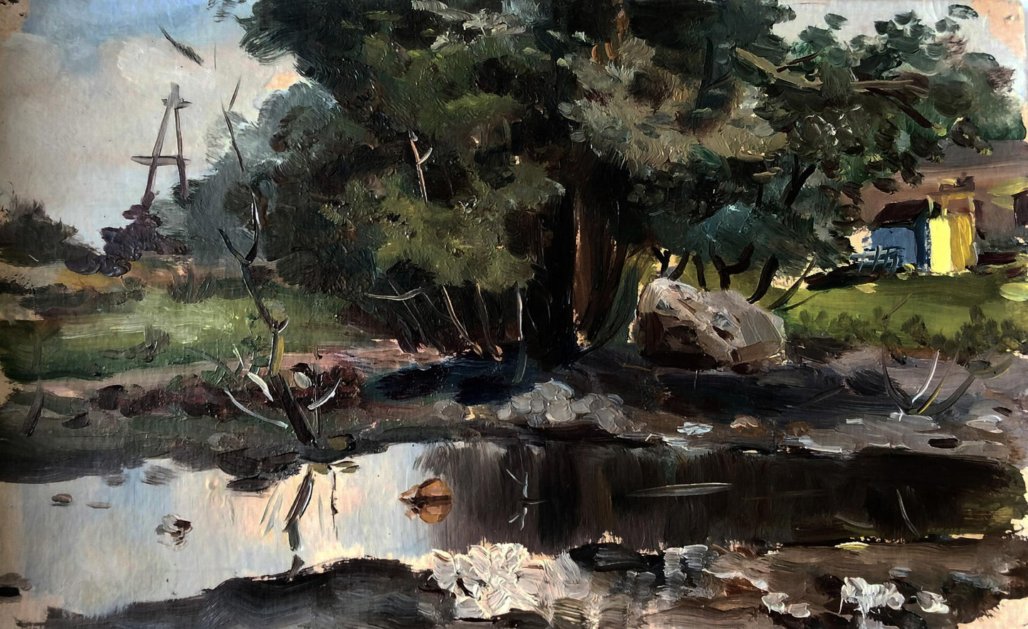 Rustic oil painting Evening by the River by Vitaly Duhnevich, serene woodland pond scene