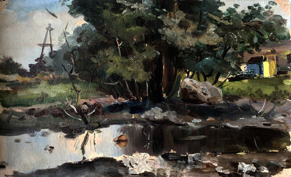 Rustic oil painting Evening by the River by Vitaly Duhnevich, serene woodland pond scene