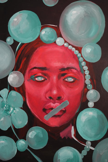 Vibrant red oil portrait Enforced Silence by Victoria Kagalovska with glowing eyes and turquoise bubbles