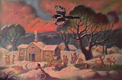 Oil painting Winter evening entertainment by Daniil Litvinov snowy village scene