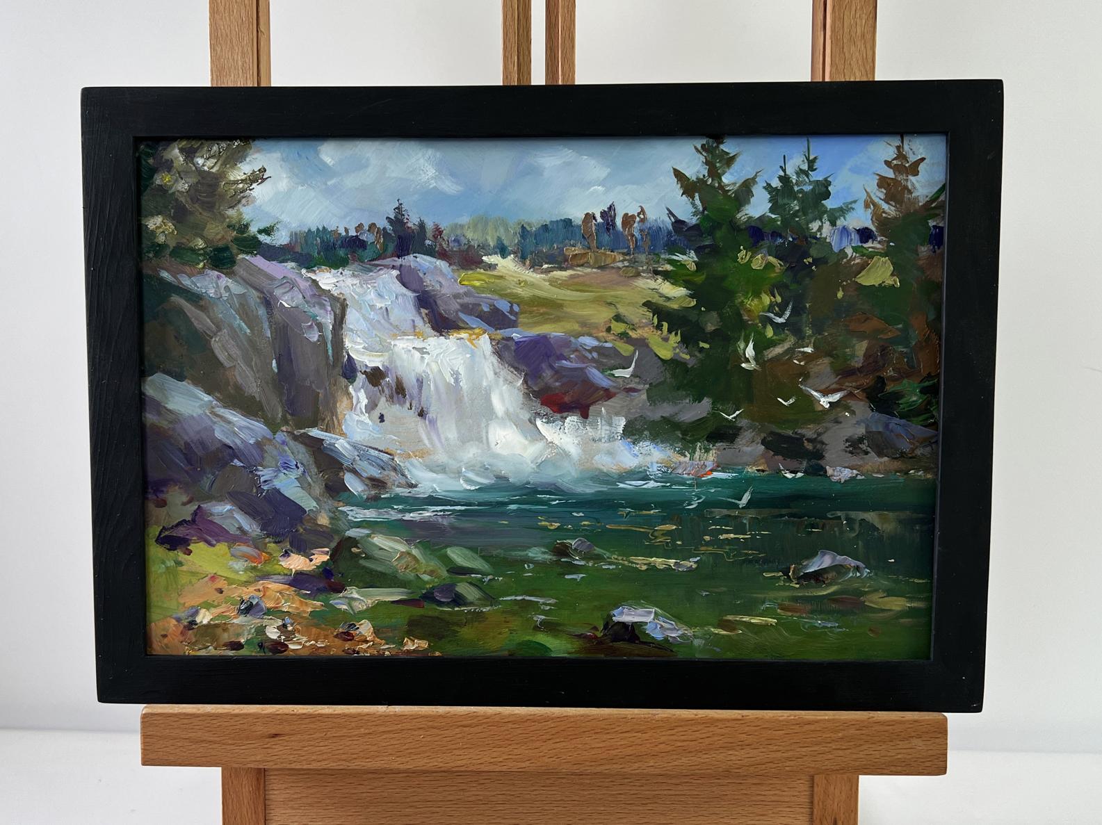 Black-framed oil painting of Mountain waterfall by Yuriy Suprunchuk