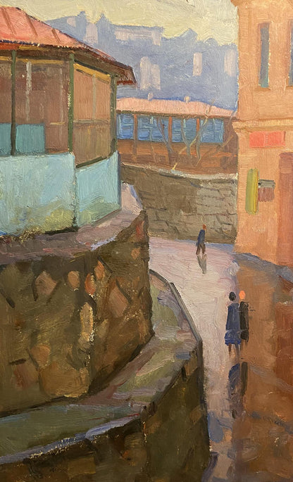 Oil painting Street bustle by Nikolai Hrustalenko: cobblestone alleyway
