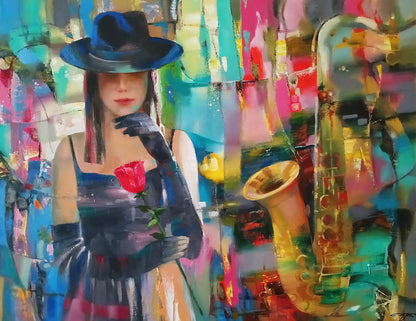 Abstract oil painting Evening Blues by Anatoly Tarabanov: woman with black hat, gloves, red rose, golden saxophone