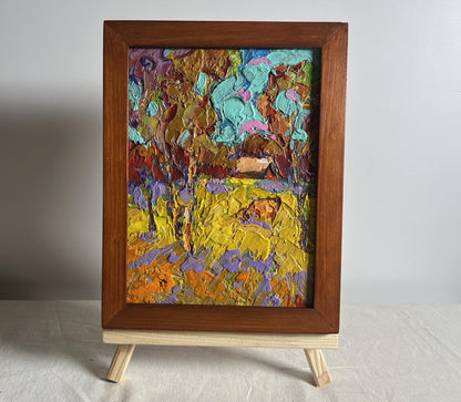 Oil painting of cow in field by Oleksiy Ivanyuk, vibrant impressionistic landscape in wooden frame