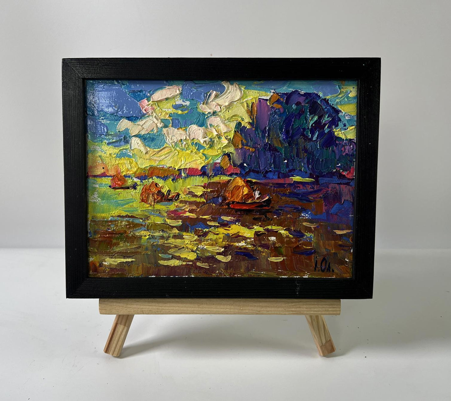 Oil painting Evening on the river by Oleksiy Ivanyuk in black frame