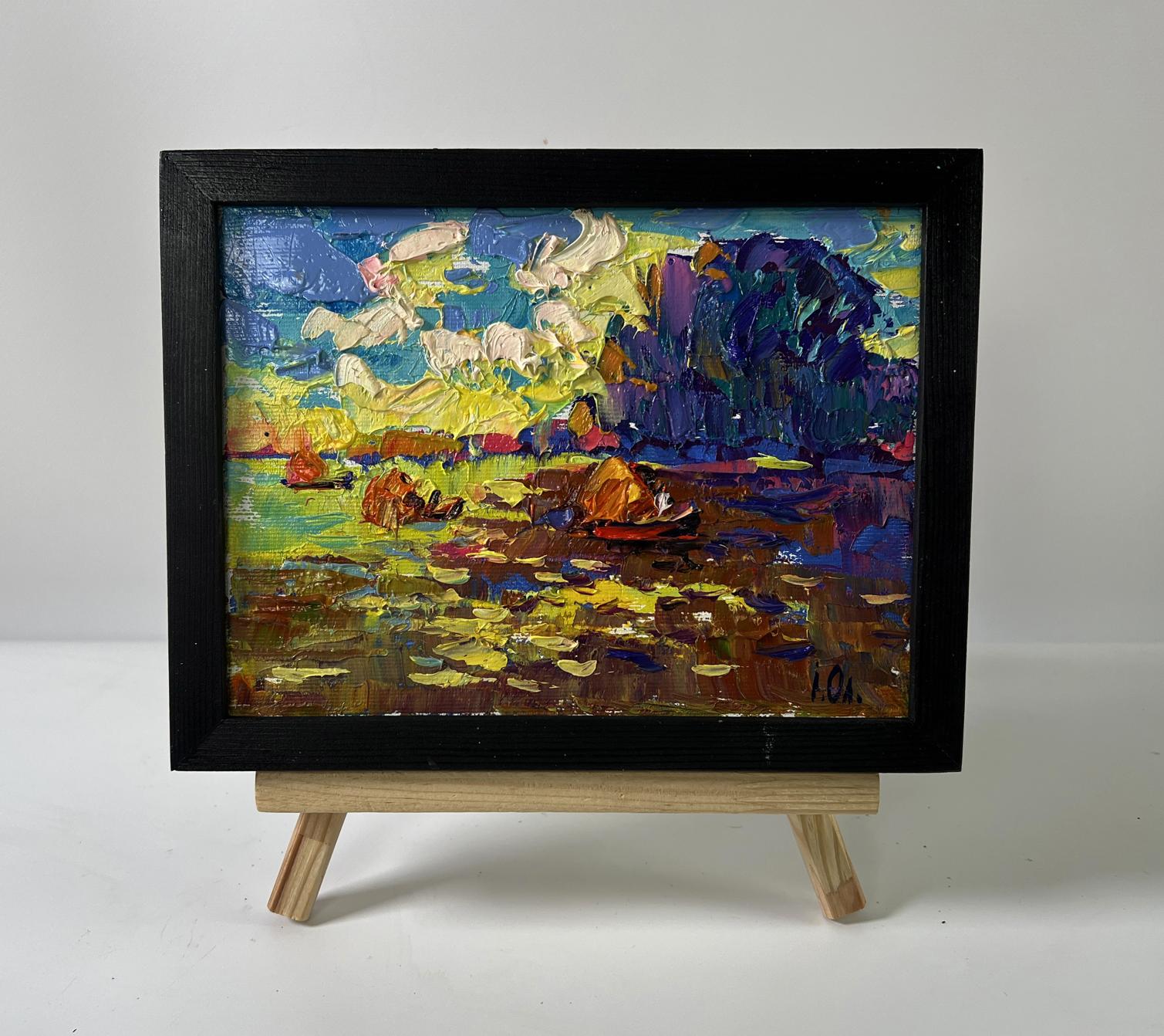 Oil painting Evening on the river by Oleksiy Ivanyuk in black frame