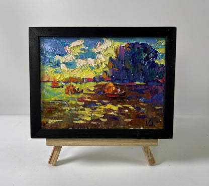 Oil painting Evening on the river by Oleksiy Ivanyuk in black frame