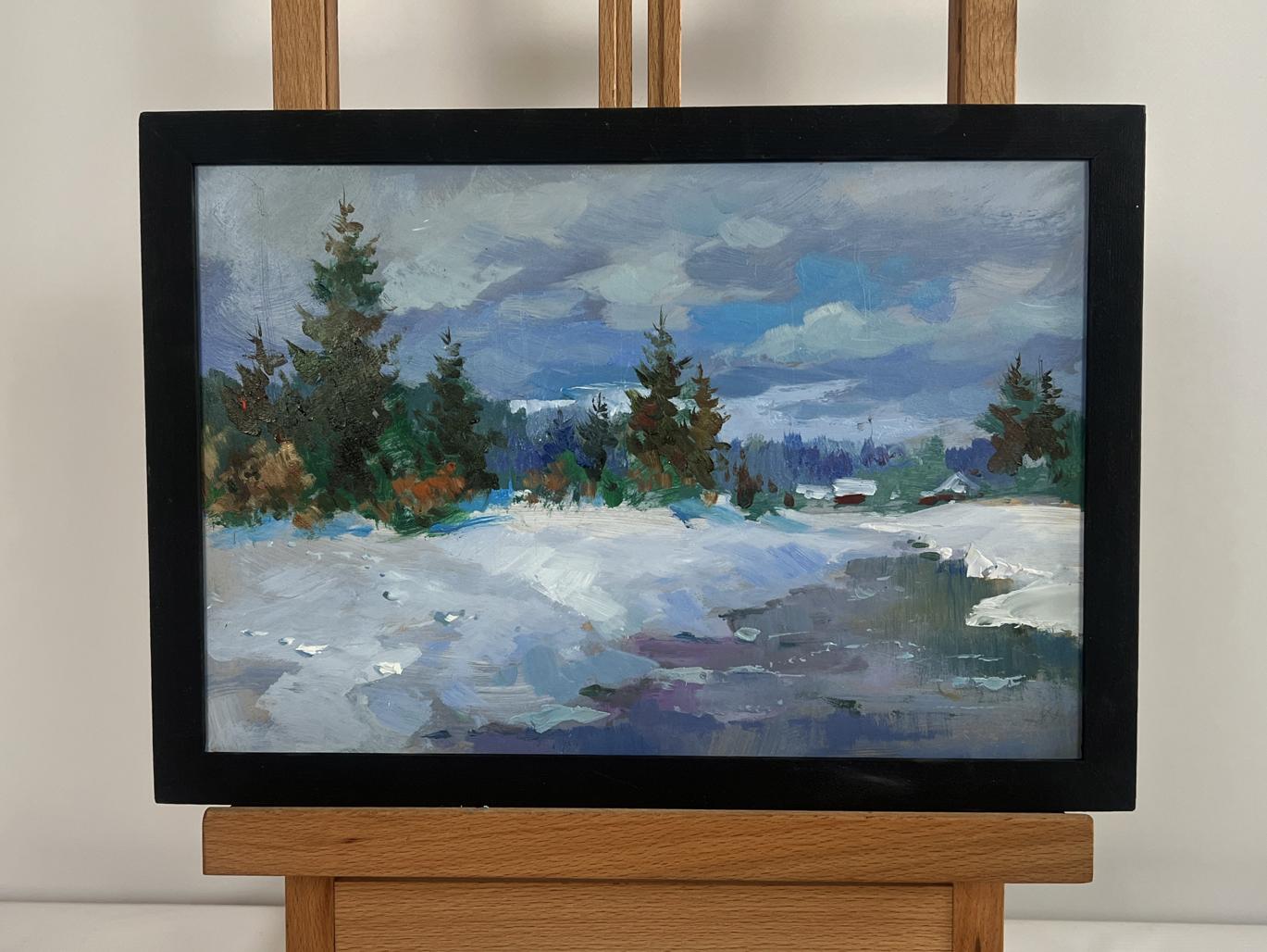 Framed oil painting of snowy river landscape by Yuriy Suprunchuk