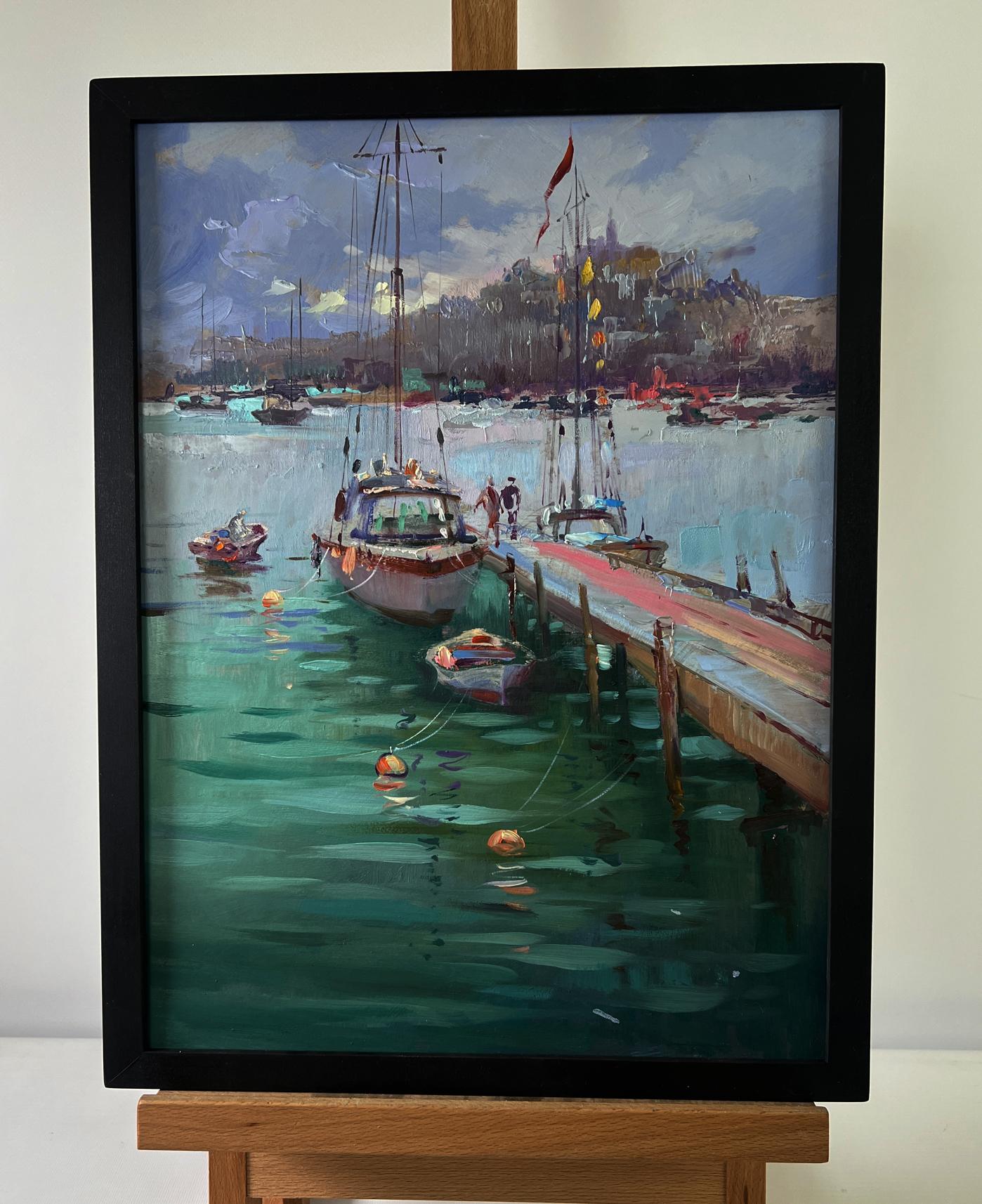Framed oil painting of ship preparing to sail in harbor by Yuriy Suprunchuk