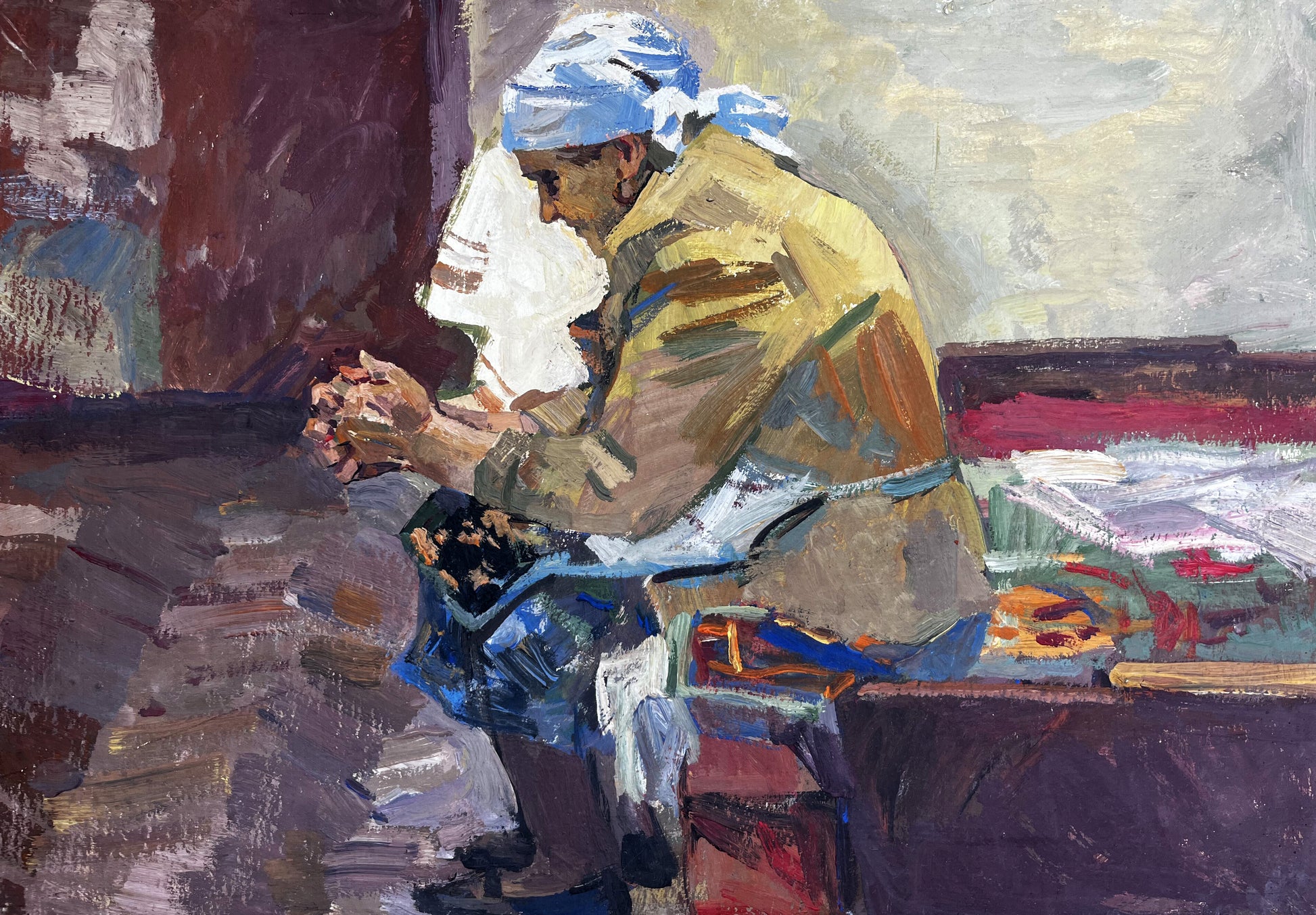 Oil painting portrait of grandmother in yellow coat and blue headscarf sewing