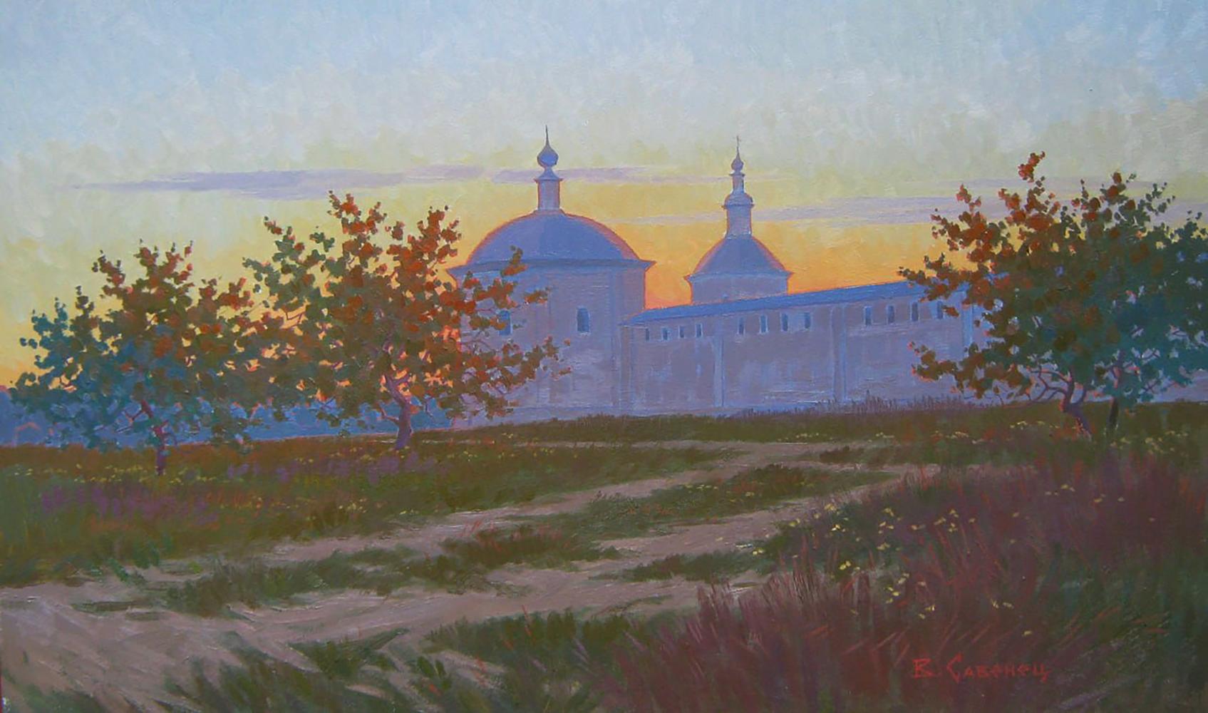 Serene oil painting The sun has set by Valery Savenets monastery sunset