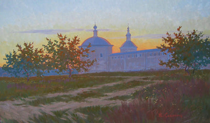 Serene oil painting The sun has set by Valery Savenets monastery sunset
