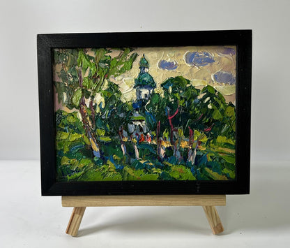 Oil painting Morning Church by Oksana Ivanyuk in black frame