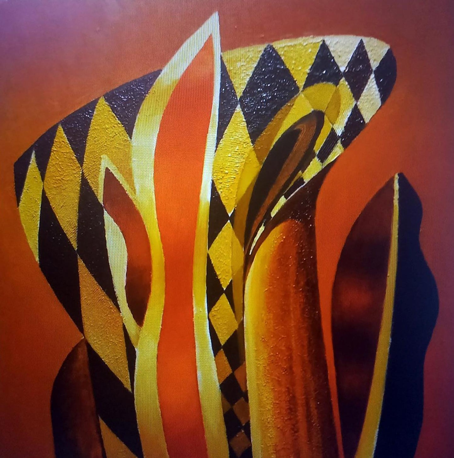 Oil painting Harlequin by Alexander Strashevich with bold black, yellow, orange geometric patterns on textured canvas