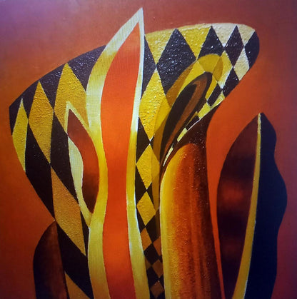 Oil painting Harlequin by Alexander Strashevich with bold black, yellow, orange geometric patterns on textured canvas