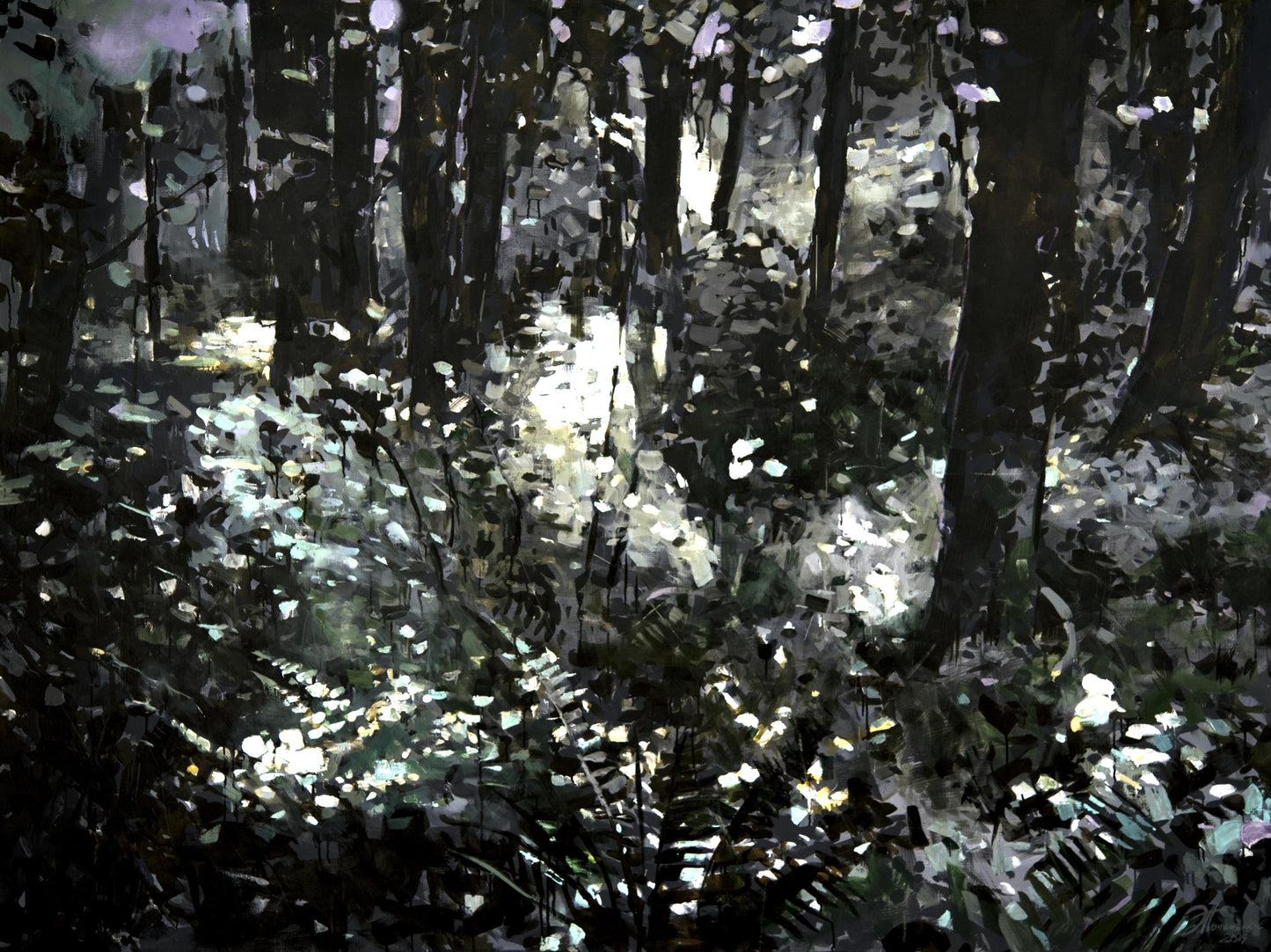 Oil painting Enlightenment by Ed Potapenkov: dark textured forest with dappled sunlight
