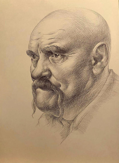 Detailed pencil sketch portrait of mustached man by Natalia Bulat