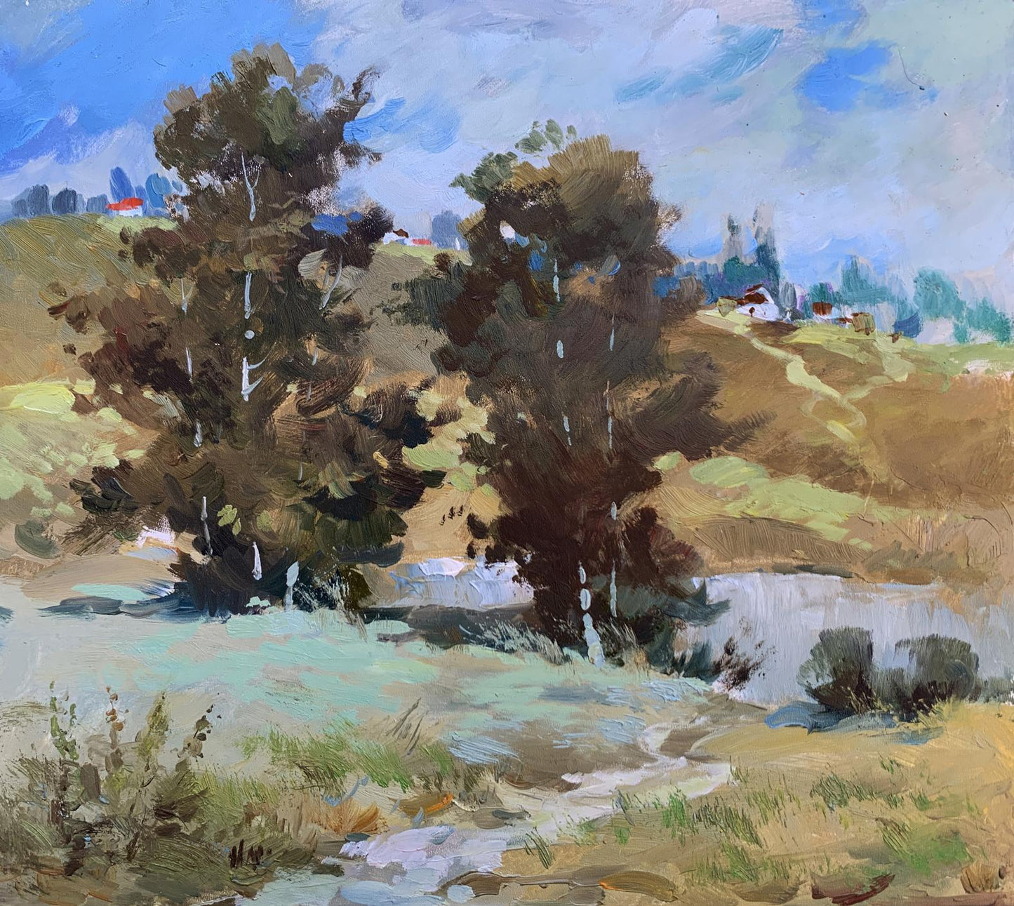 Vibrant impressionistic oil painting of village pond with trees by Yuriy Suprunchuk