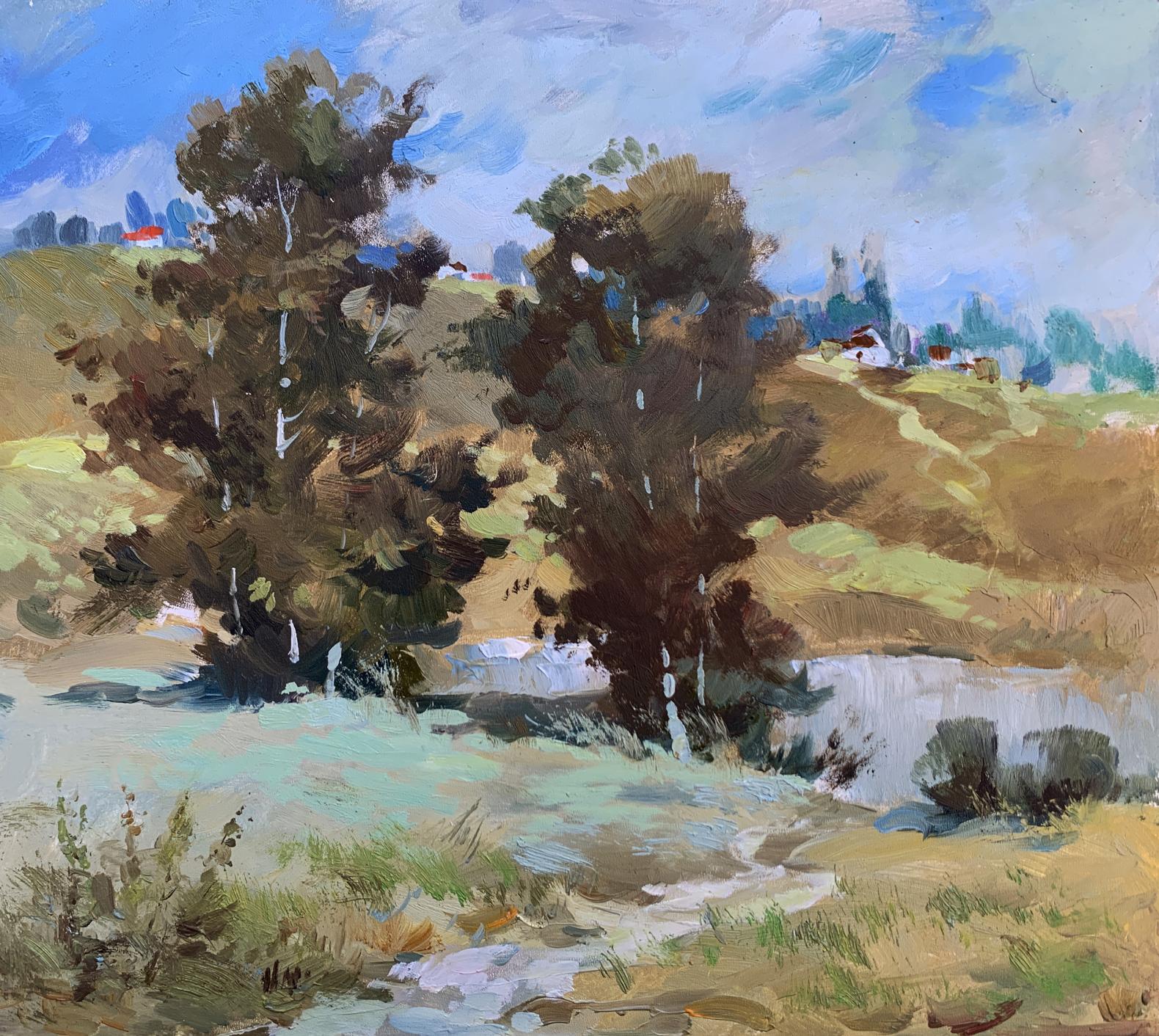 Vibrant impressionistic oil painting of village pond with trees by Yuriy Suprunchuk