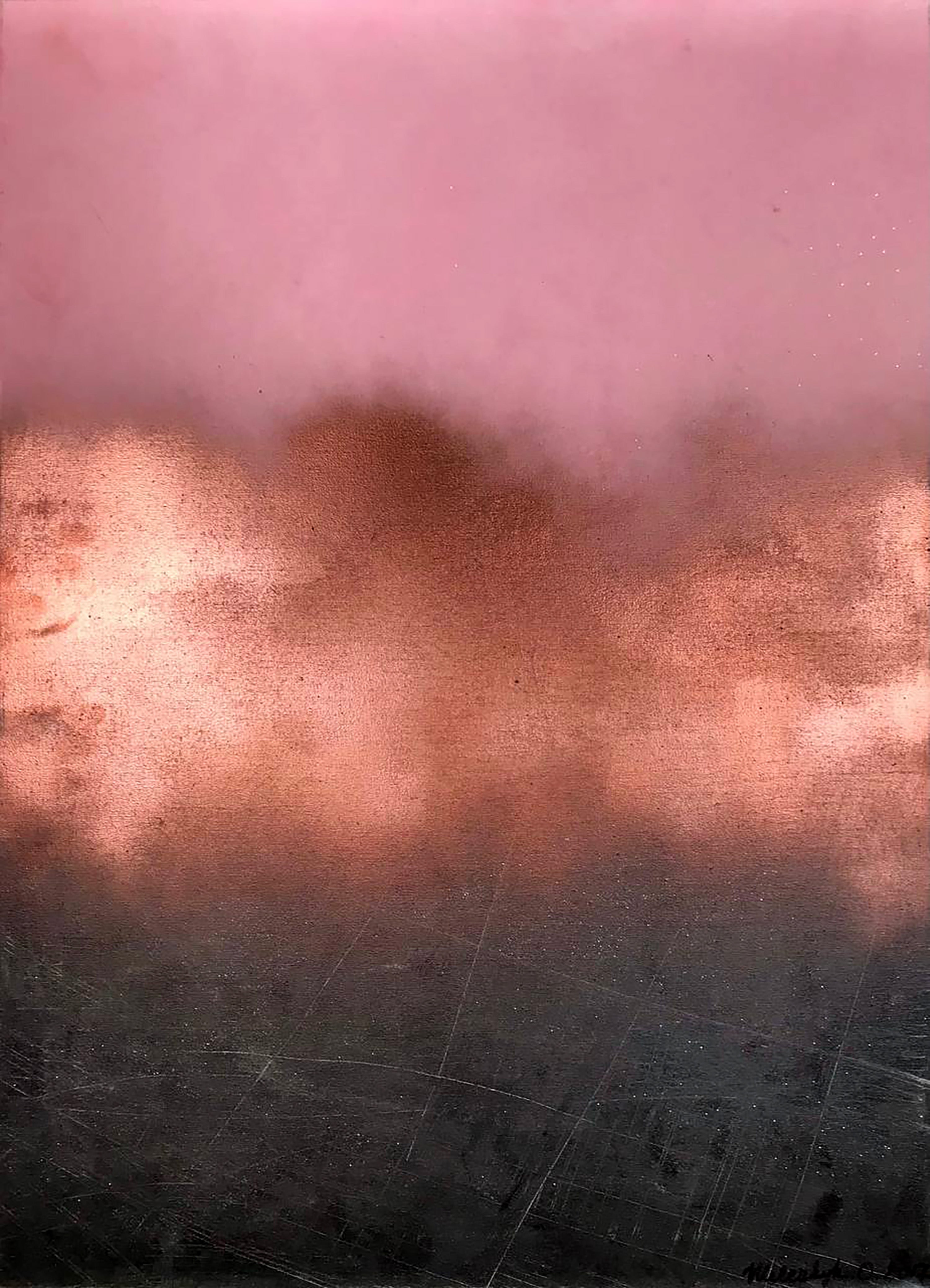 Morning fog abstract painting with pink to brown gradient and grunge texture
