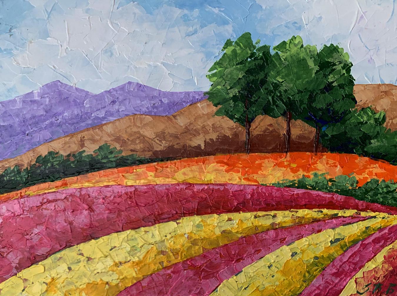 Oil painting Mountain fields V. Zadorozhnya vibrant pink fields purple mountains