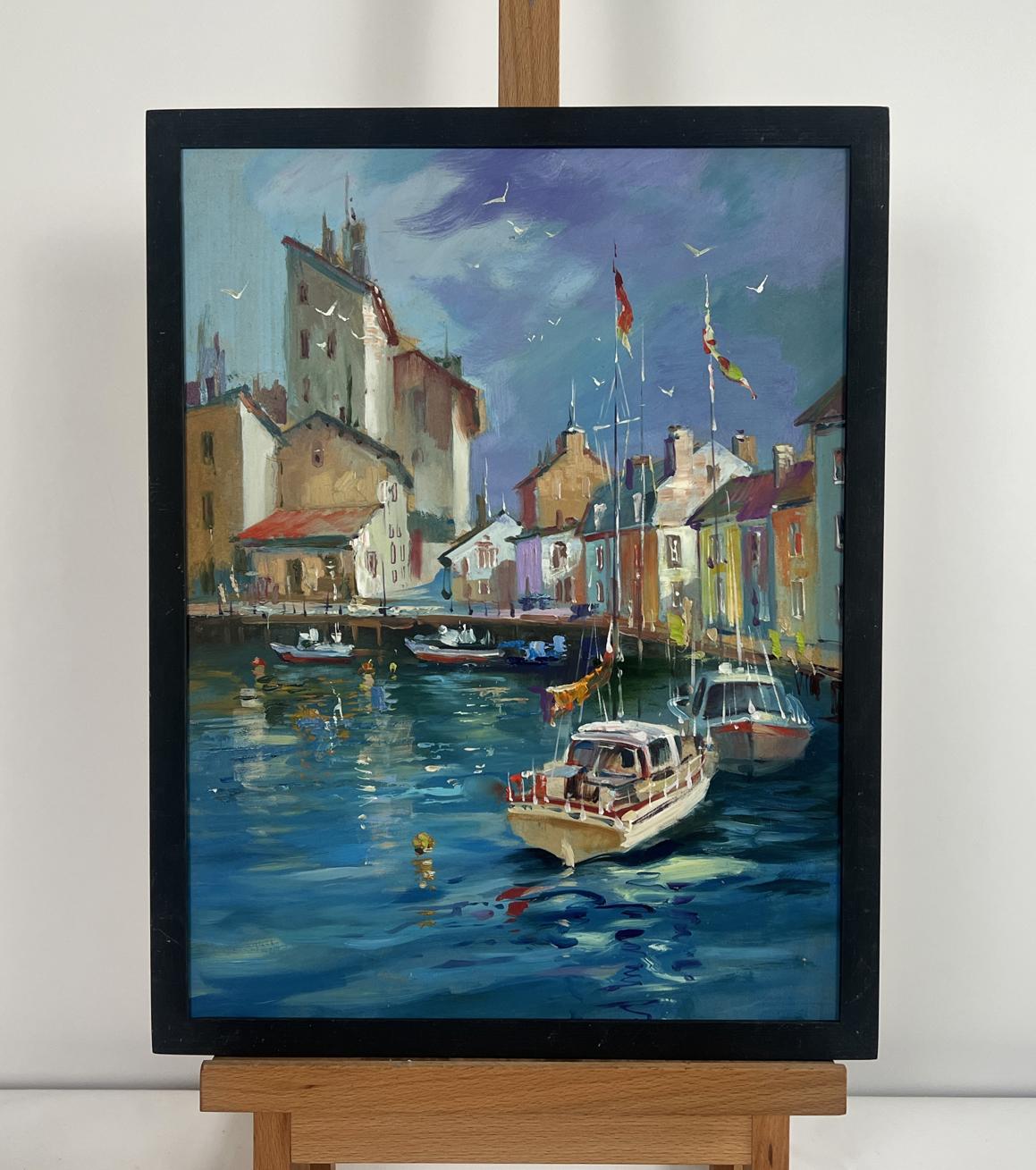 Framed oil painting of Venice yachts on water by Yuriy Suprunchuk