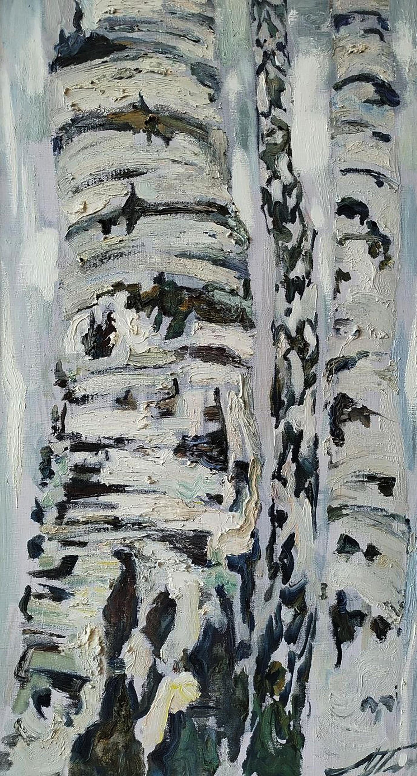 Oil painting of white birch trunks by Leonid Pavlenko