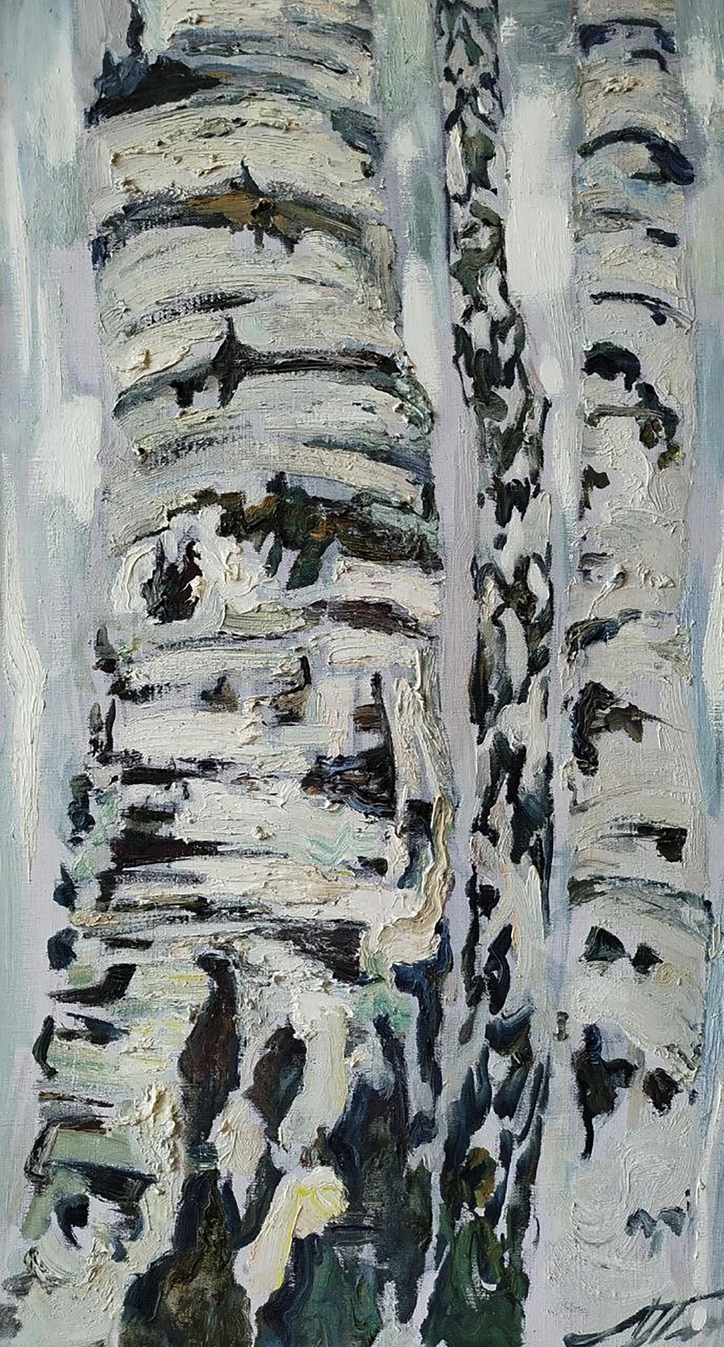 Oil painting of white birch trunks by Leonid Pavlenko
