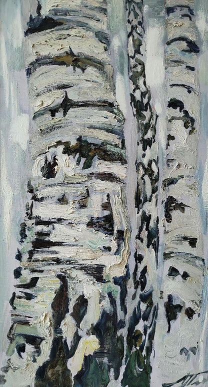 Oil painting of white birch trunks by Leonid Pavlenko