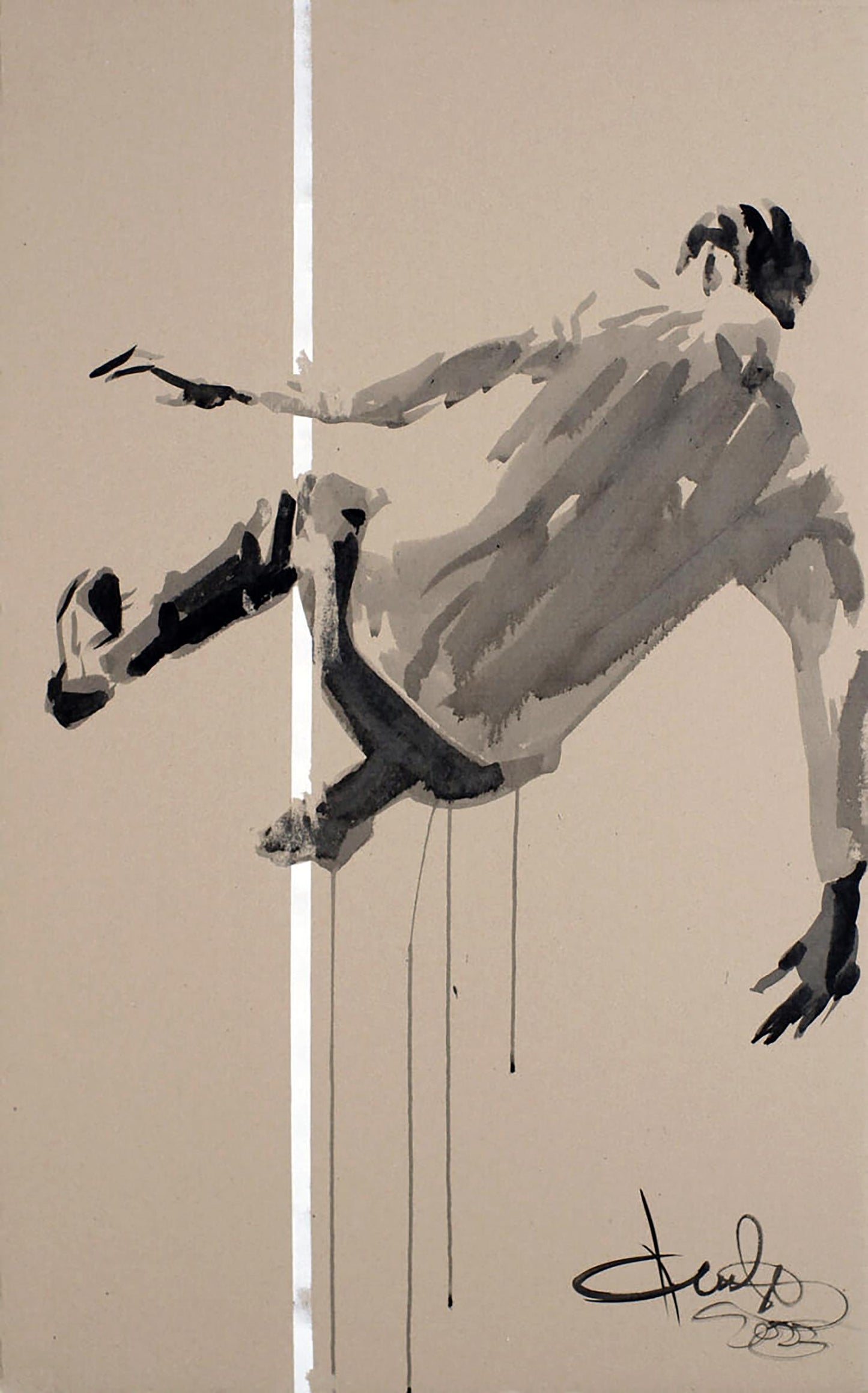 Abstract grayscale ink figure in motion, A Fall Jump series by Dima Filatov