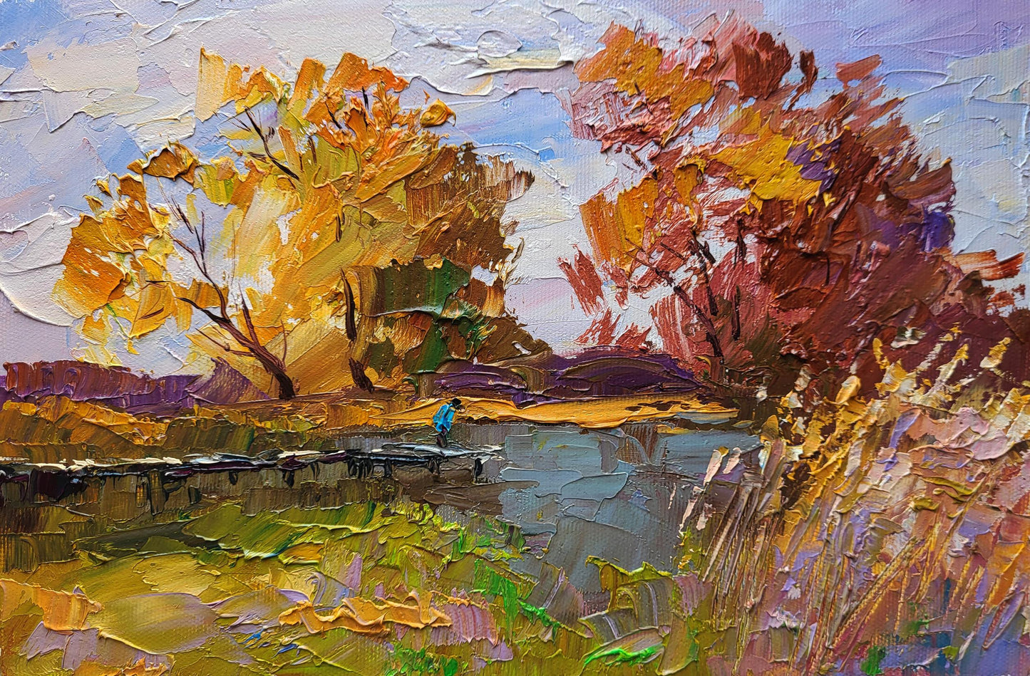 Oil painting On the autumn river by Boris Serdyuk, vibrant impressionist trees